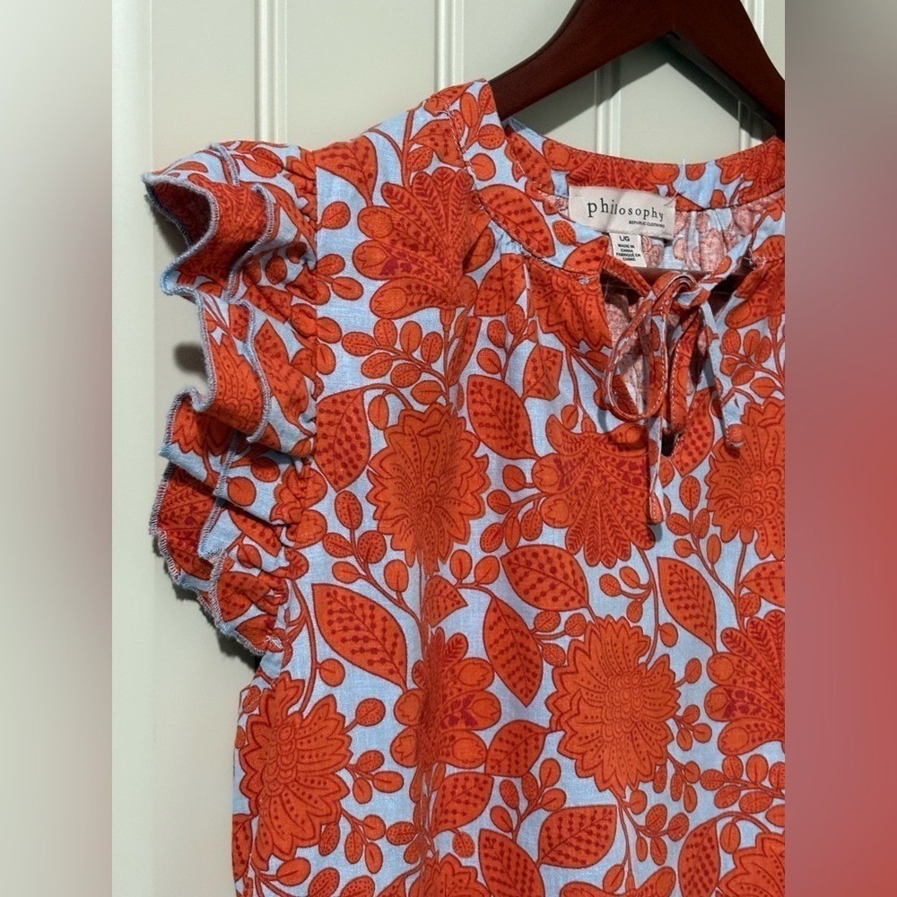Philosophy Orange/Blue Floral Flutter Sleeve Printed Top Shirt NWT - Picture 4 of 11